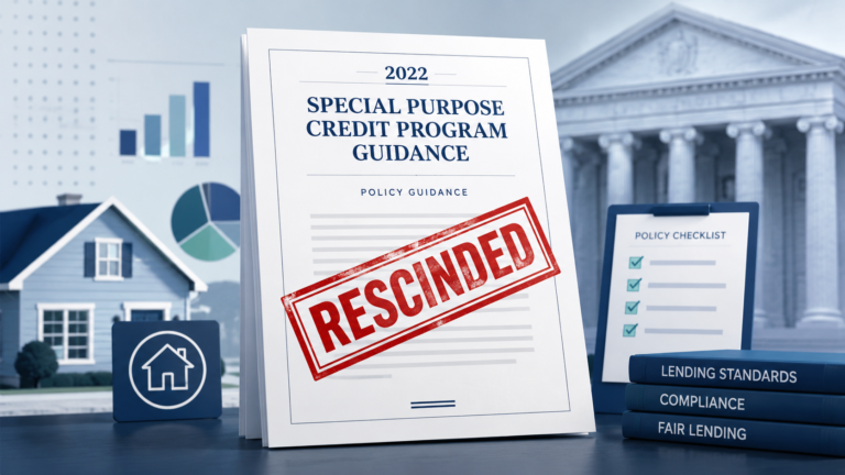 Special purpose credit program guidance document beside a credit application and compliance checklist.