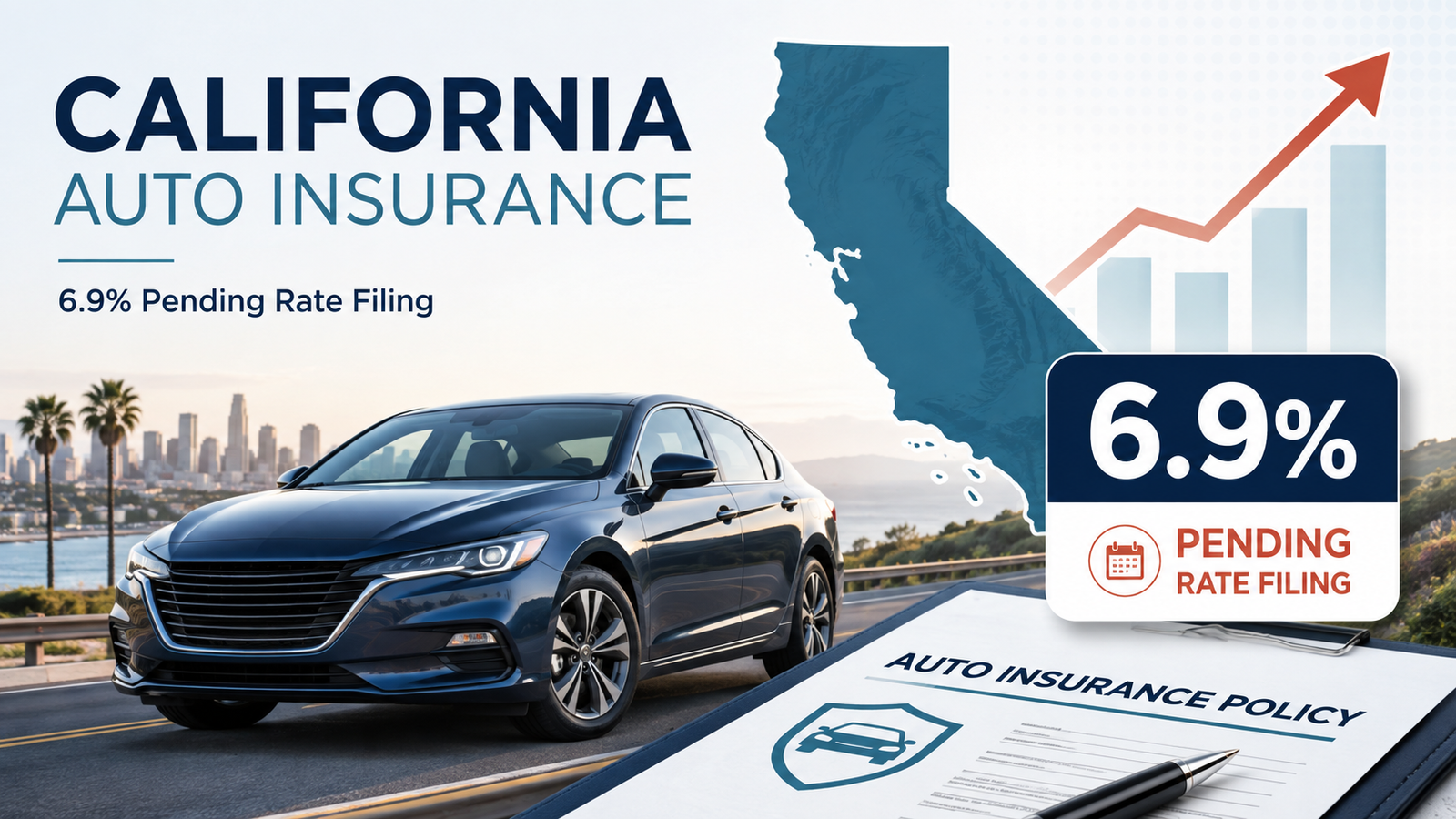 California driver reviewing an auto insurance rate filing beside a car and insurance policy documents