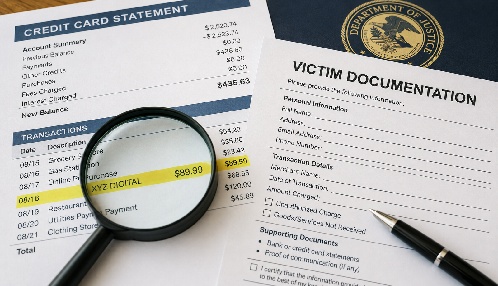 Bank statement with an unfamiliar merchant charge beside a victim documentation form
