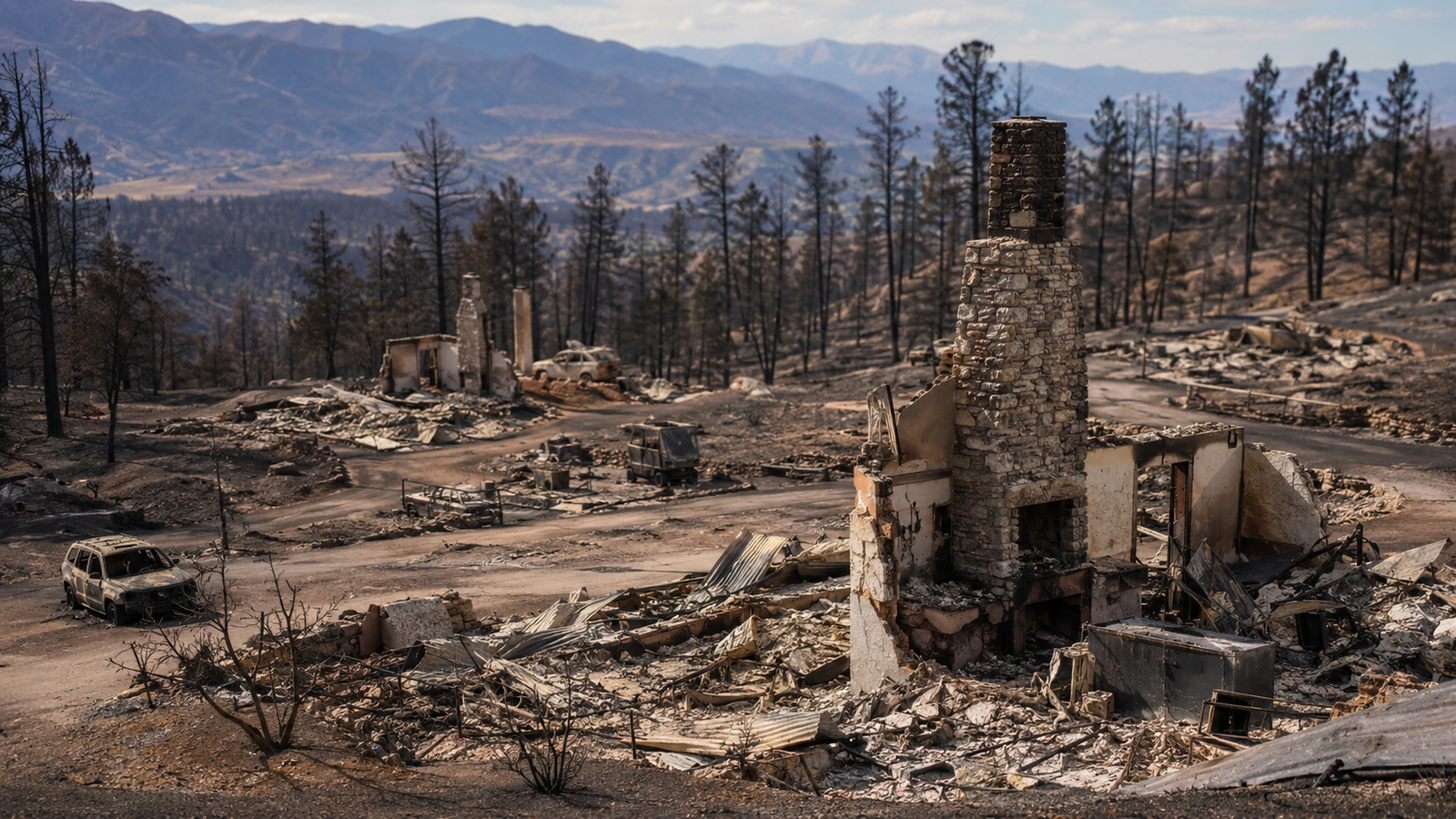 Wildfire-damaged homes and burned terrain in Colorado after the Aspen Acres Fire