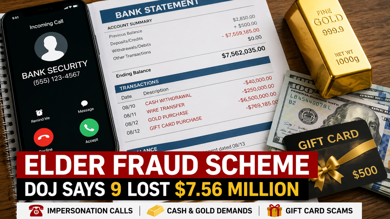 Phone, bank statement, gold bar and gift card illustrating an elder fraud scheme