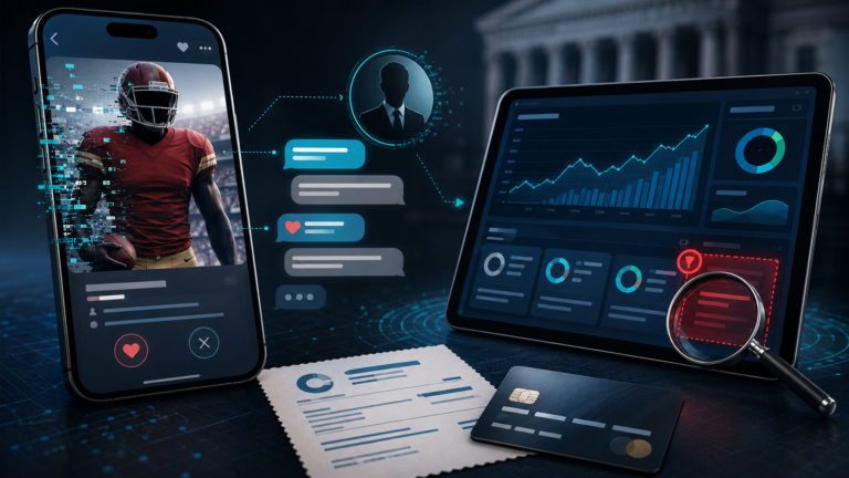 Fake 49ers player scam illustration with dating-app messages and a false investment dashboard.