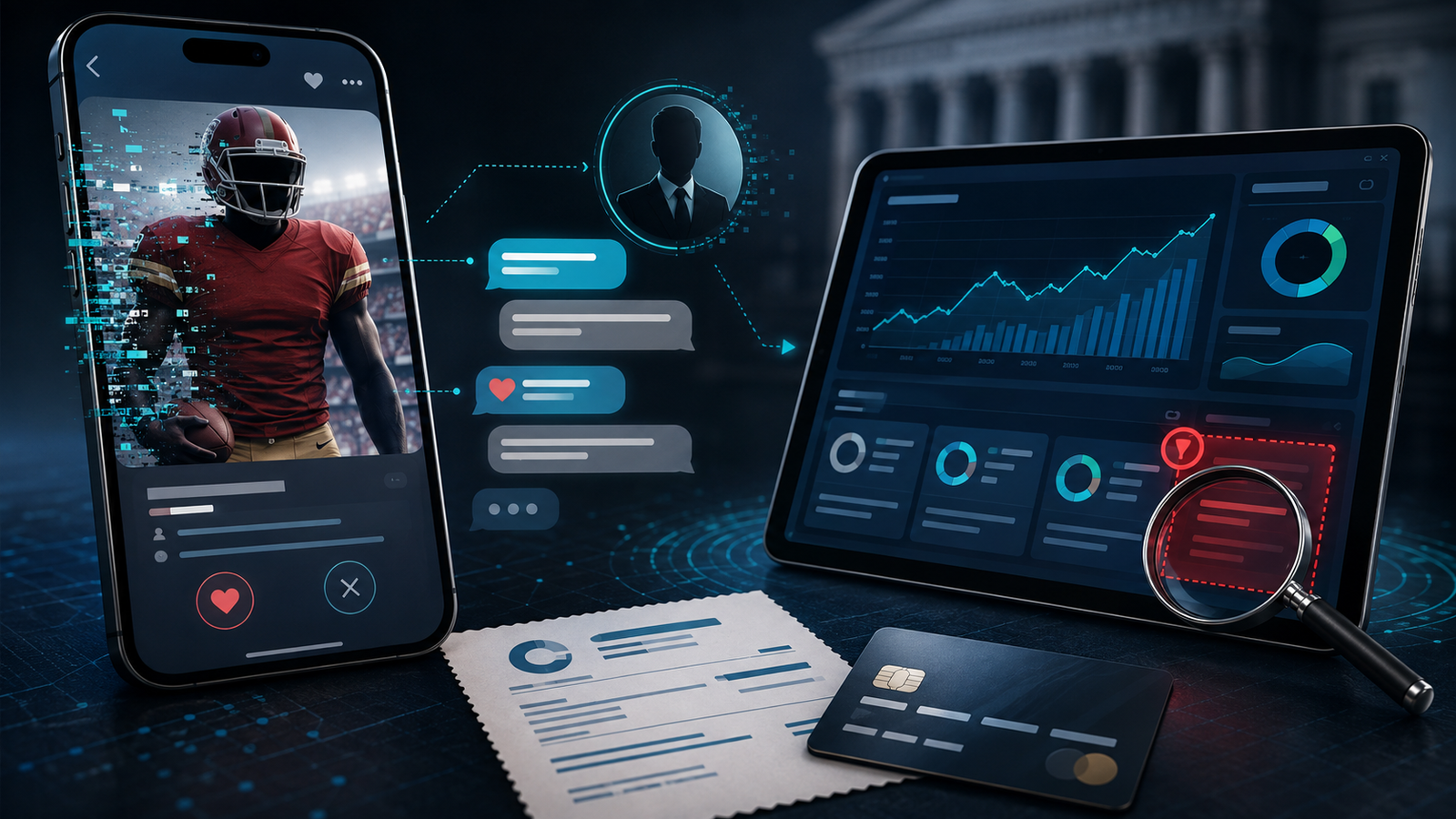 Fake 49ers player scam illustration with dating-app messages and a false investment dashboard.