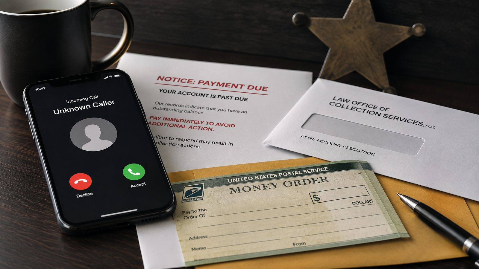 Phone, money order and fake law-office letter illustrating a fake debt collector scam
