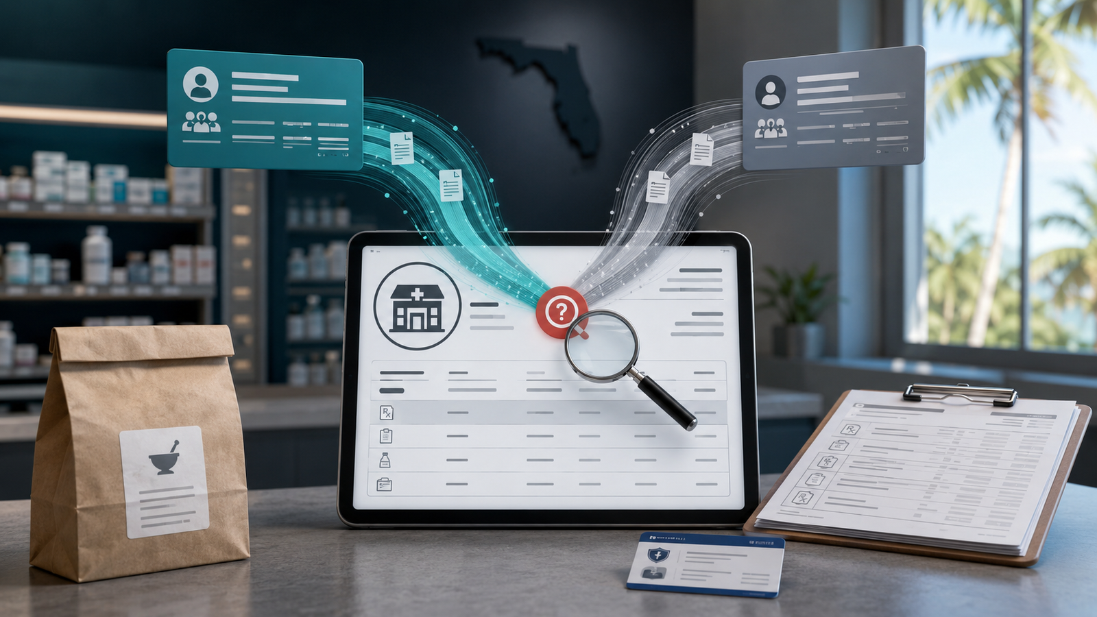 Florida PBM lawsuit illustration with pharmacy reimbursement records and a prescription counter.
