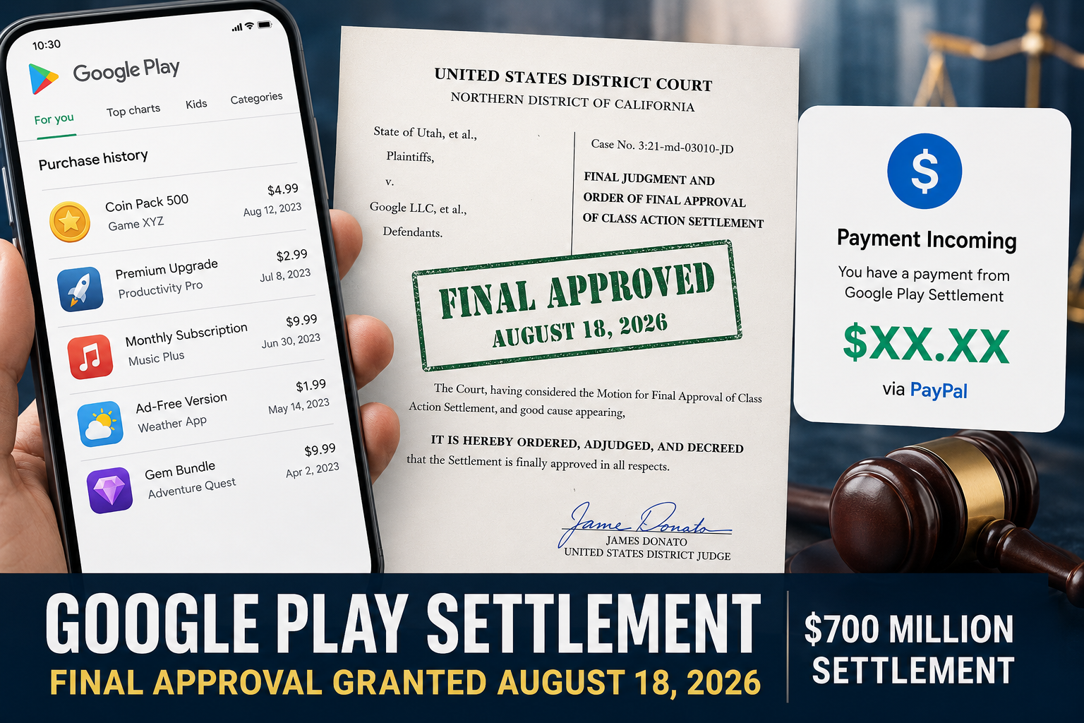 Google Play settlement illustration showing smartphone app purchases and a payment notification
