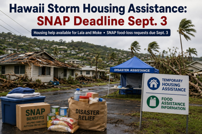 Storm-damaged Hawaii neighborhood with temporary lodging and food assistance supplies