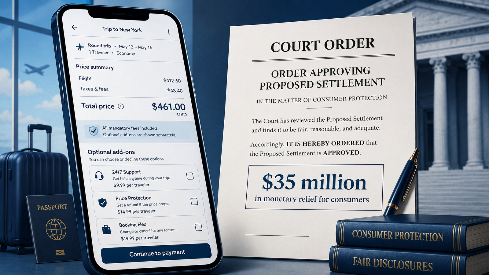 Travel booking checkout with total-price and optional-fee disclosures beside a federal court order