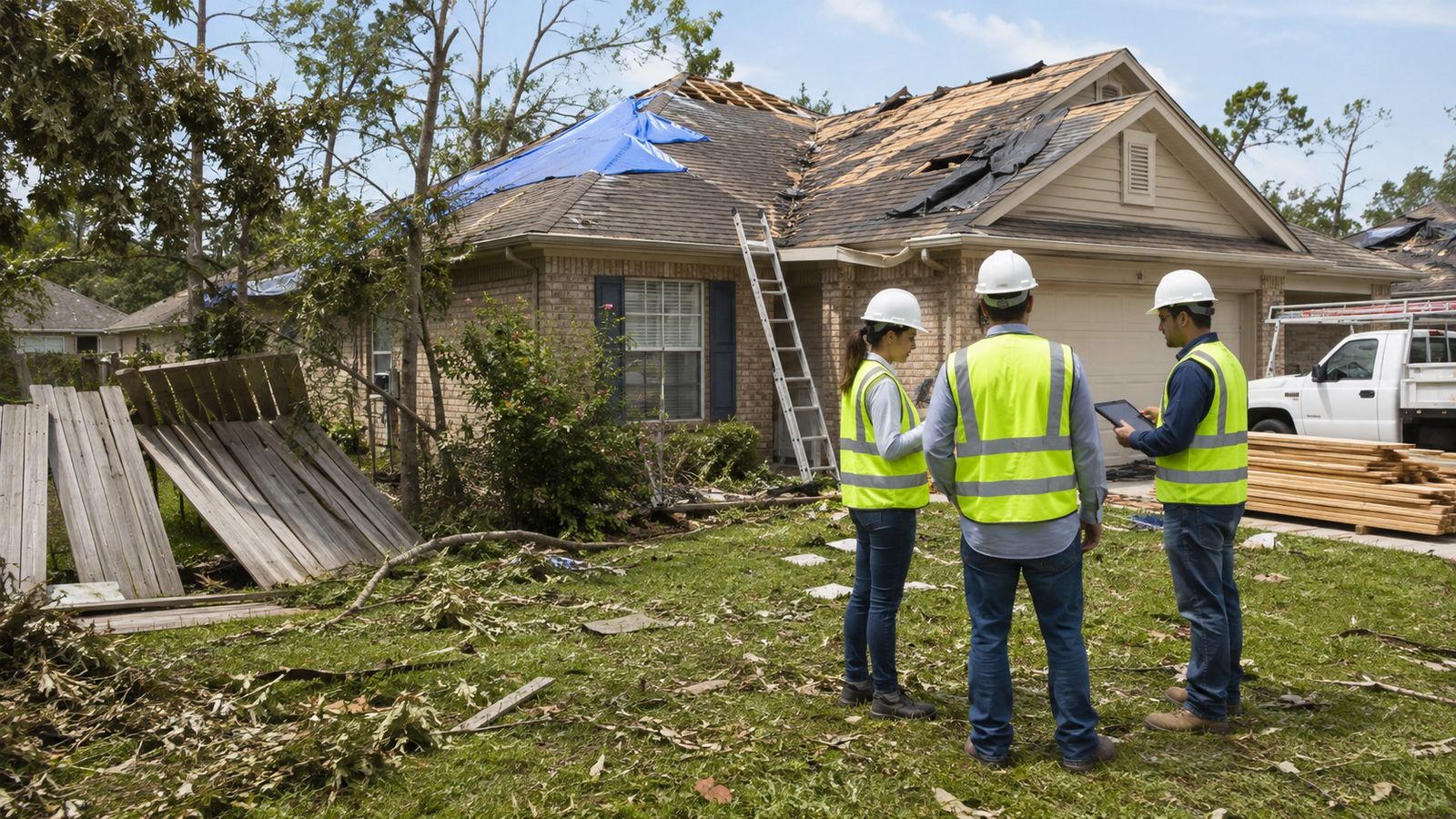 Houston DR24 home repair program represented by crews assessing a storm-damaged house