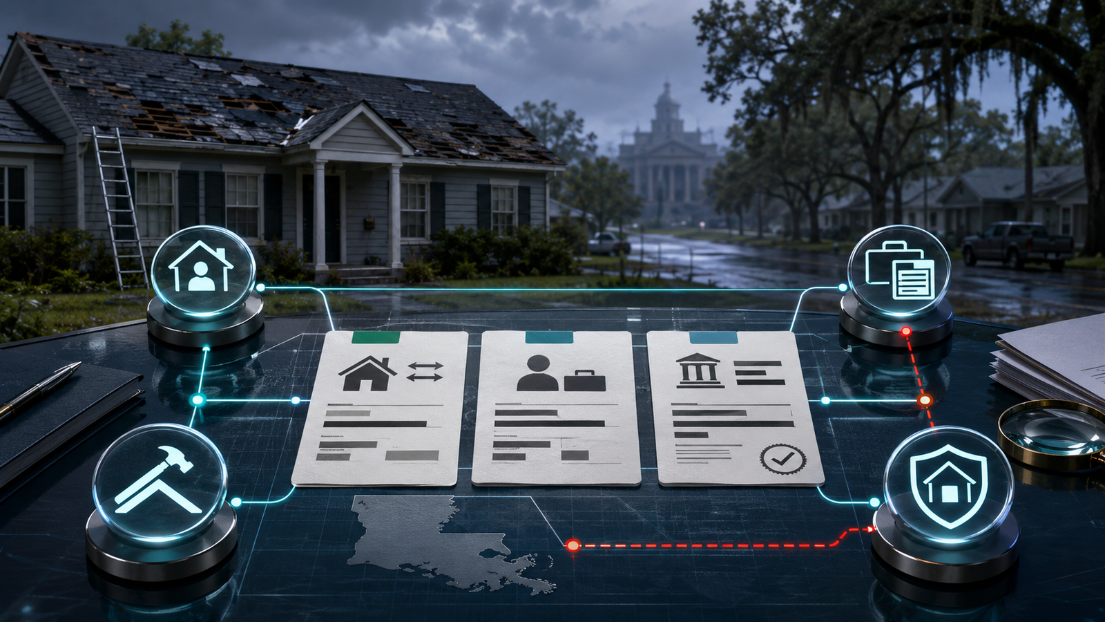 Hurricane Ida insurance claim documents, roof-repair records and settlement checks illustrating federal allegations.