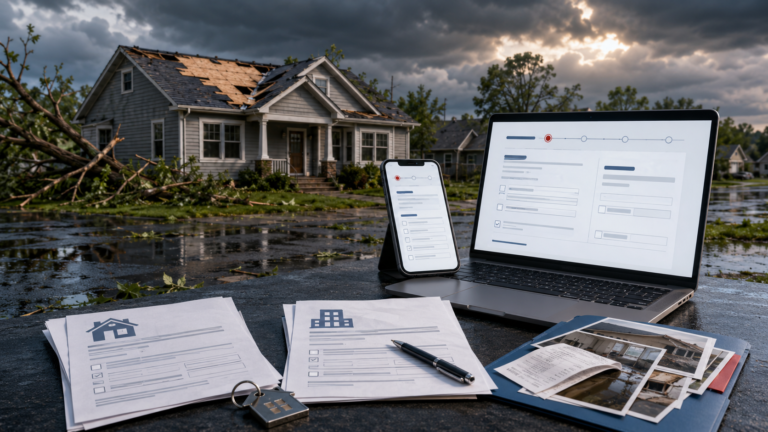 Indiana FEMA assistance application beside a storm-damaged home and renter documents.