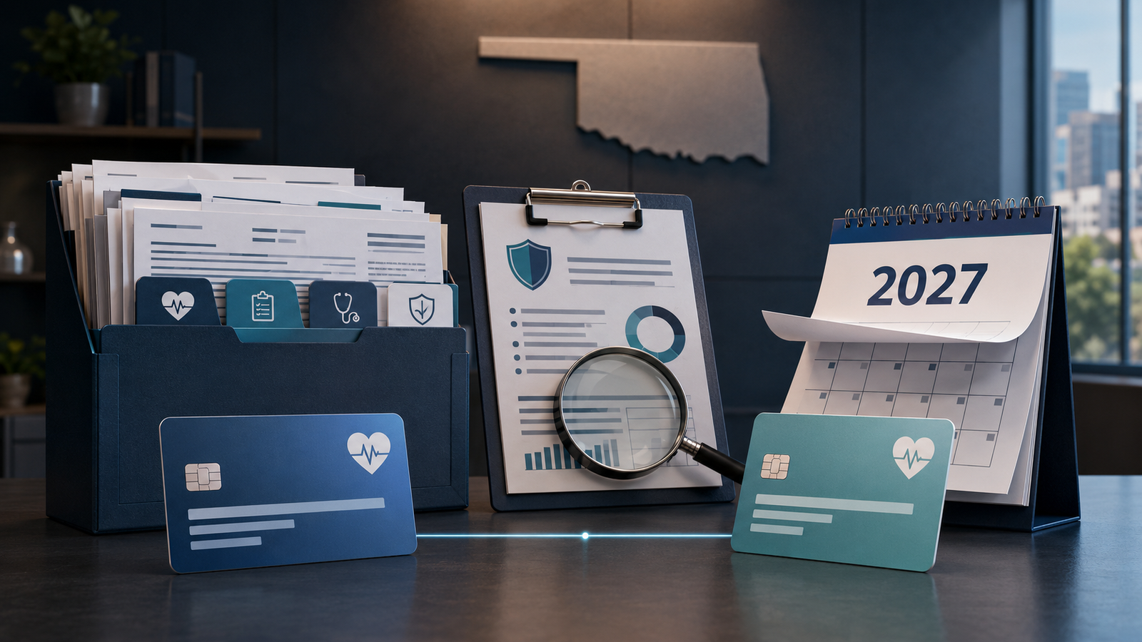 Mending Health supervision illustrated by Oklahoma health plan records, a claims folder and a 2027 enrollment calendar.