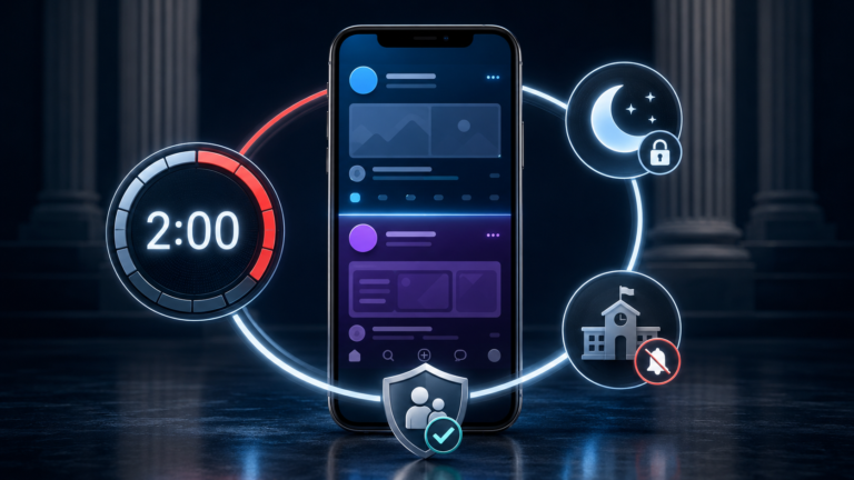 Meta teen settlement illustrated by time-limit and night-mode controls for Facebook and Instagram teen accounts.