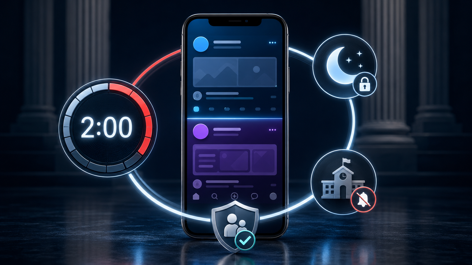 Meta teen settlement illustrated by time-limit and night-mode controls for Facebook and Instagram teen accounts.