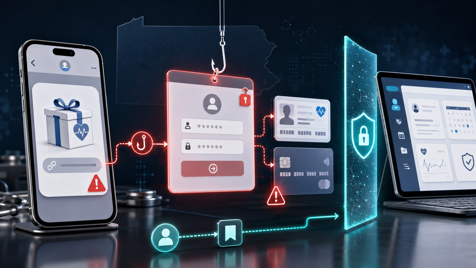 Suspicious MyChart Medicare Kit message beside patient-account and payment security steps.