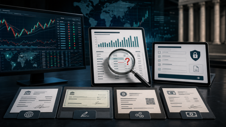 Nawabi forex fraud indictment illustration with investment statements, currency charts and a victim-reporting form