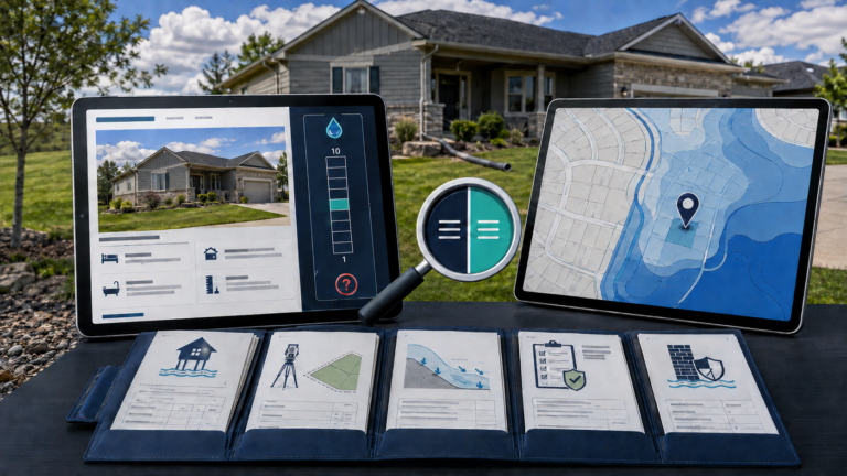Nebraska First Street lawsuit illustrated by a home listing, flood-risk score and FEMA map comparison.
