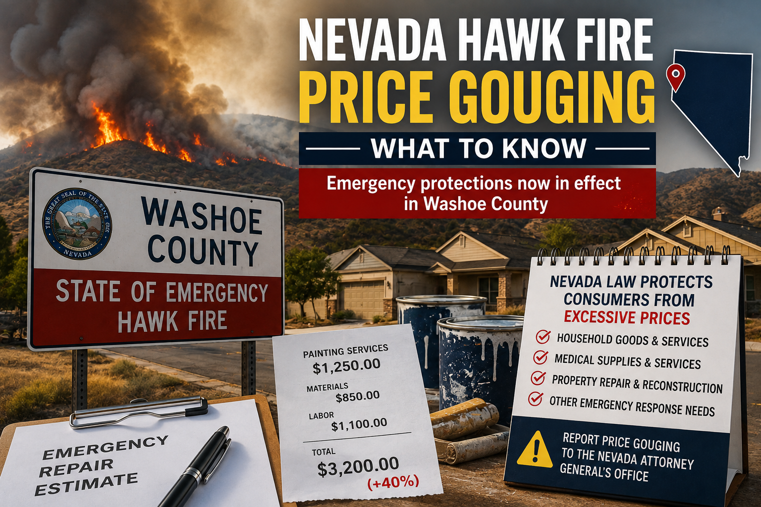 Hawk Fire smoke near Washoe County homes with a repair estimate and consumer receipt in the foreground