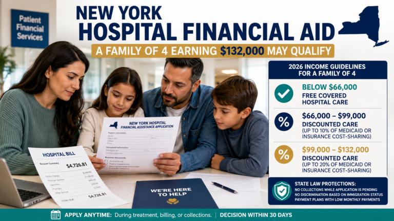 Family reviewing a New York hospital financial aid application and hospital bill