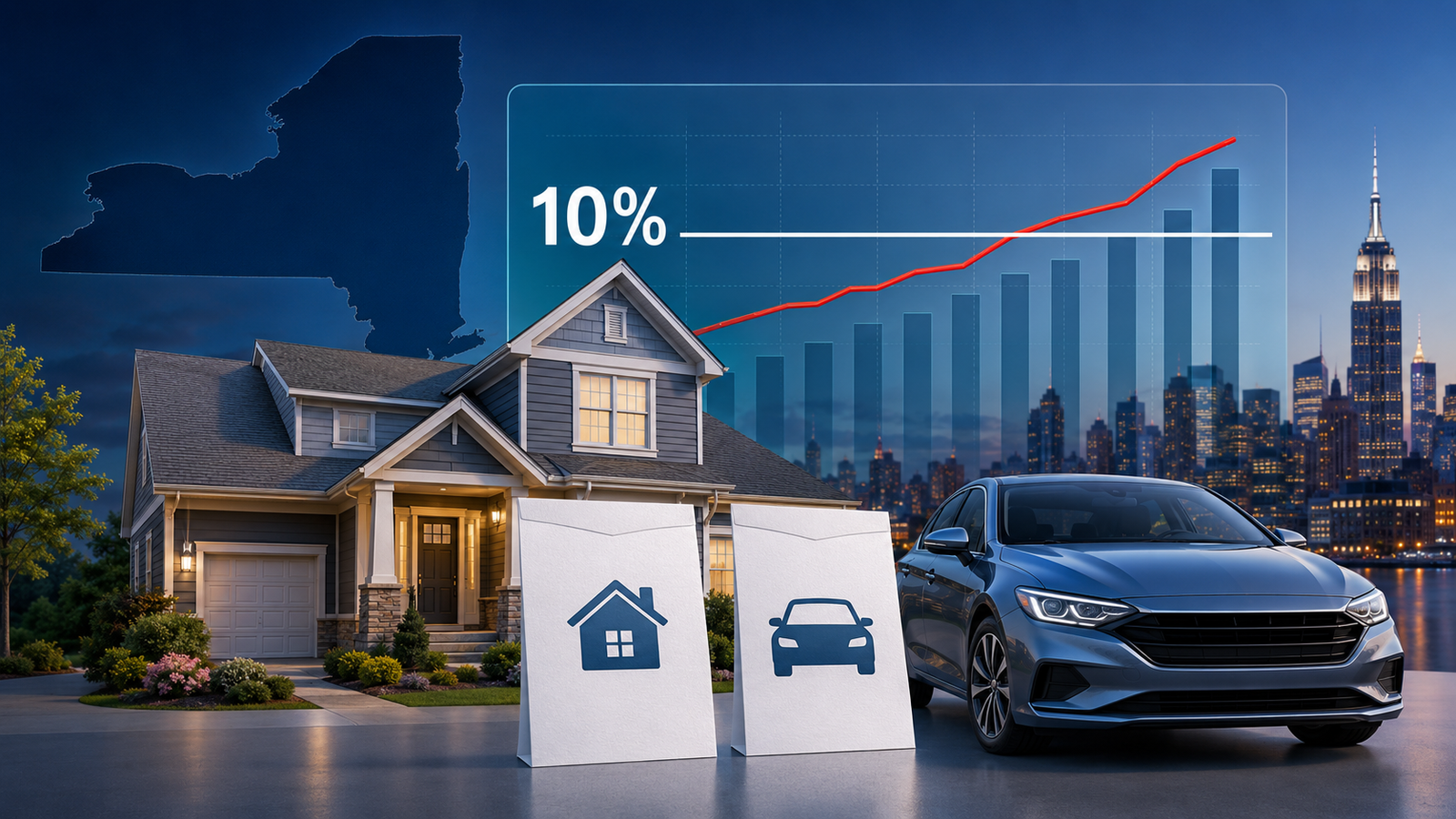 New York auto and home renewal notices beside a chart showing an increase above 10%