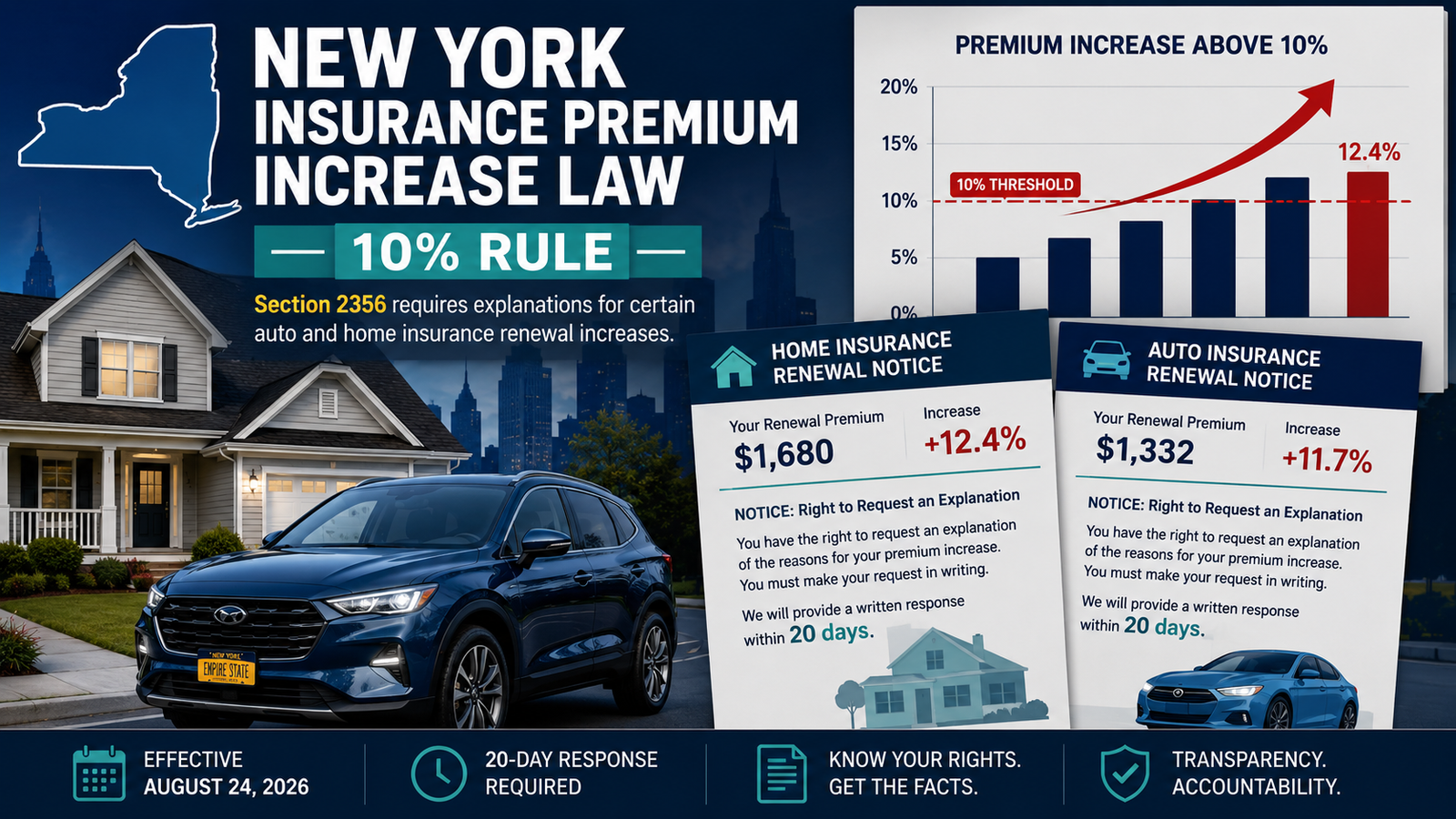 New York auto and home renewal notices beside a chart showing an increase above 10%.