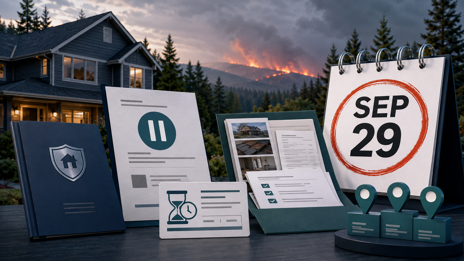 Oregon wildfire property, insurance notice and September 29 calendar illustrating temporary insurance protections.