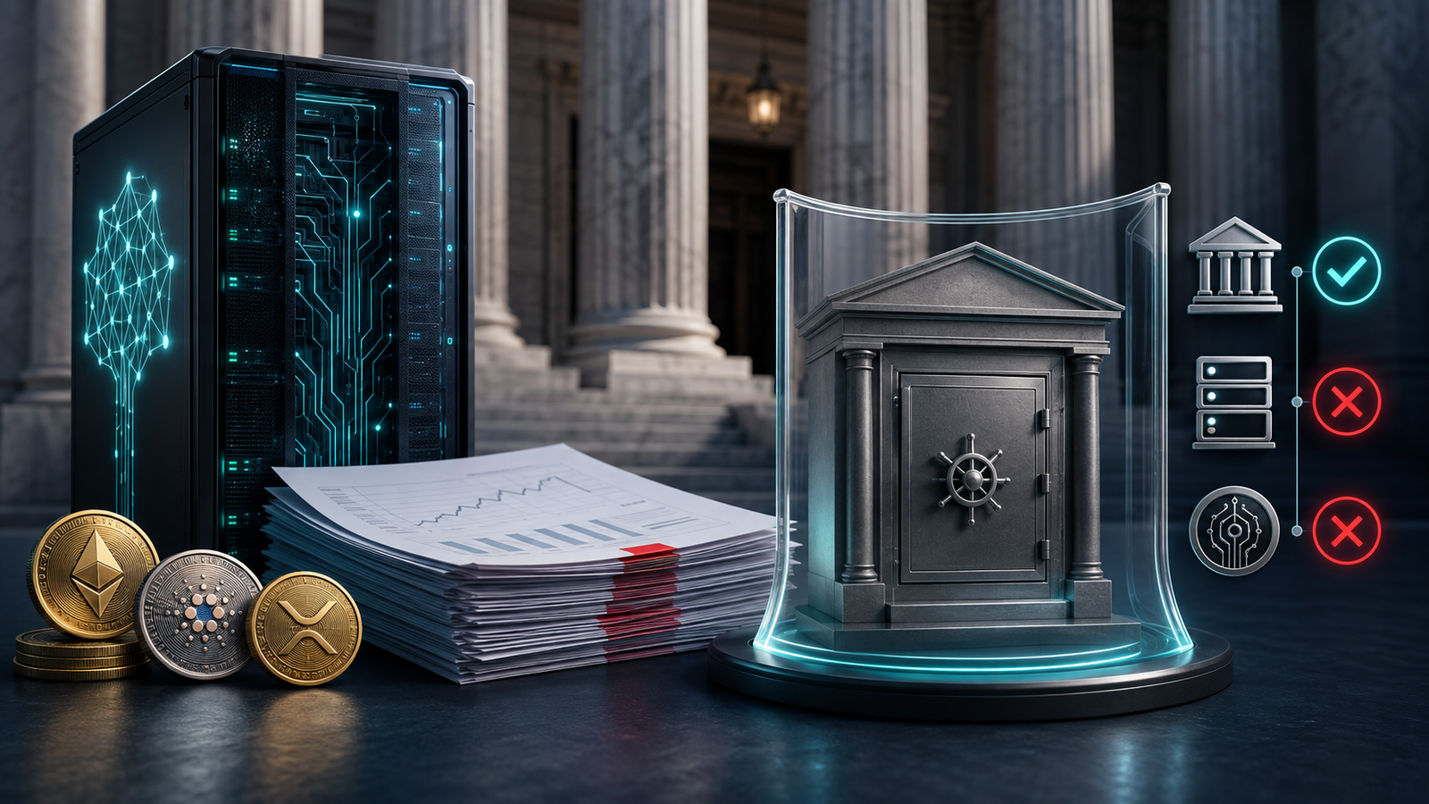 Editorial illustration for the Profit Connect fraud conviction showing investment records, an AI server and a deposit-insurance checklist.