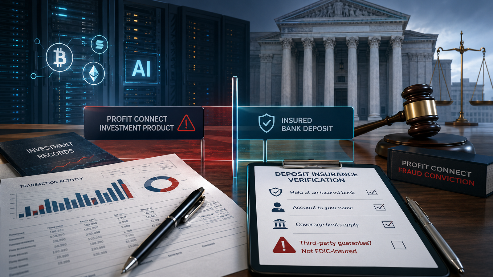 Editorial illustration for the Profit Connect fraud conviction showing investment records, an AI server and a deposit-insurance checklist.