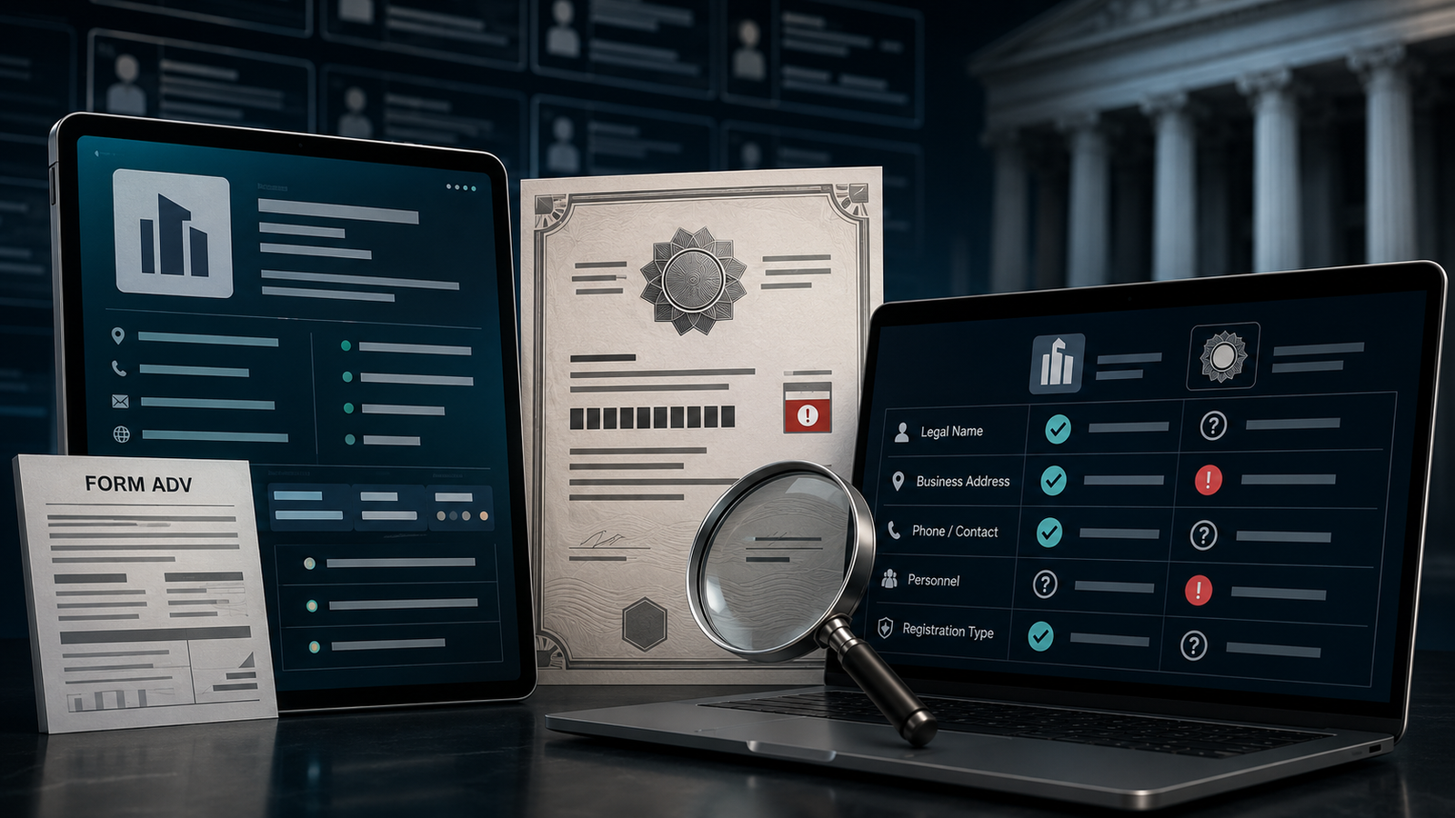 Generic adviser profile, Form ADV record and false registration certificate beside an investor verification screen.