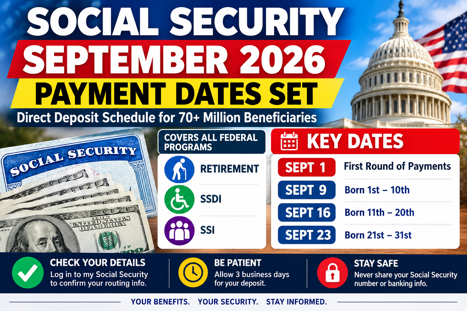 Social Security September 2026 payment dates and direct deposit schedule calendar for retirement, SSDI, and SSI beneficiaries.
