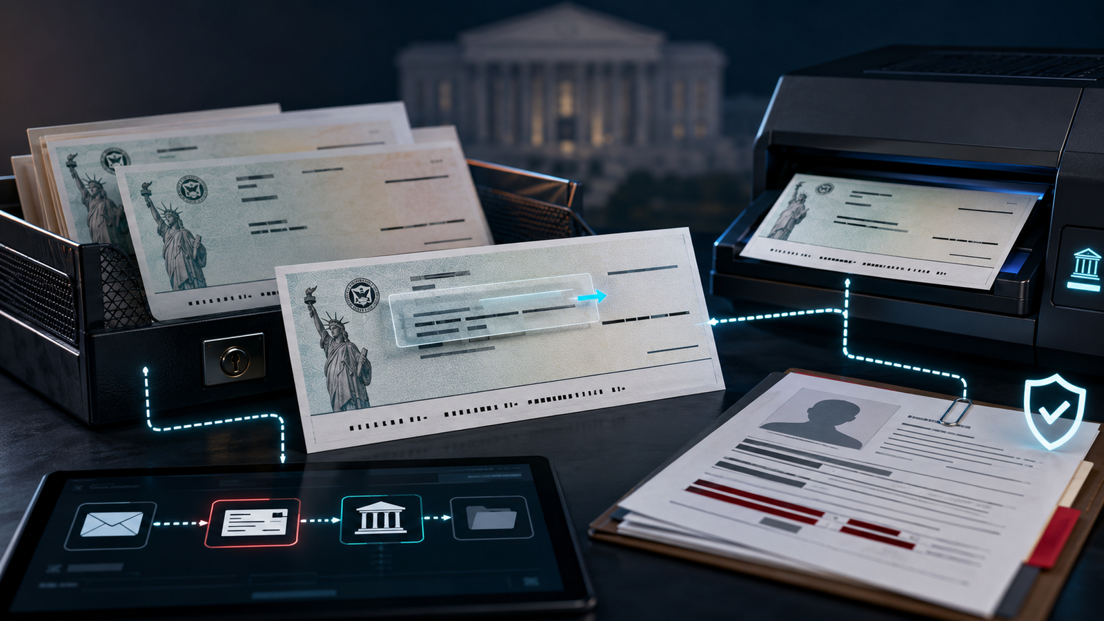 Altered Treasury checks, bank records and identity-theft evidence illustrating an alleged stolen-check scheme.