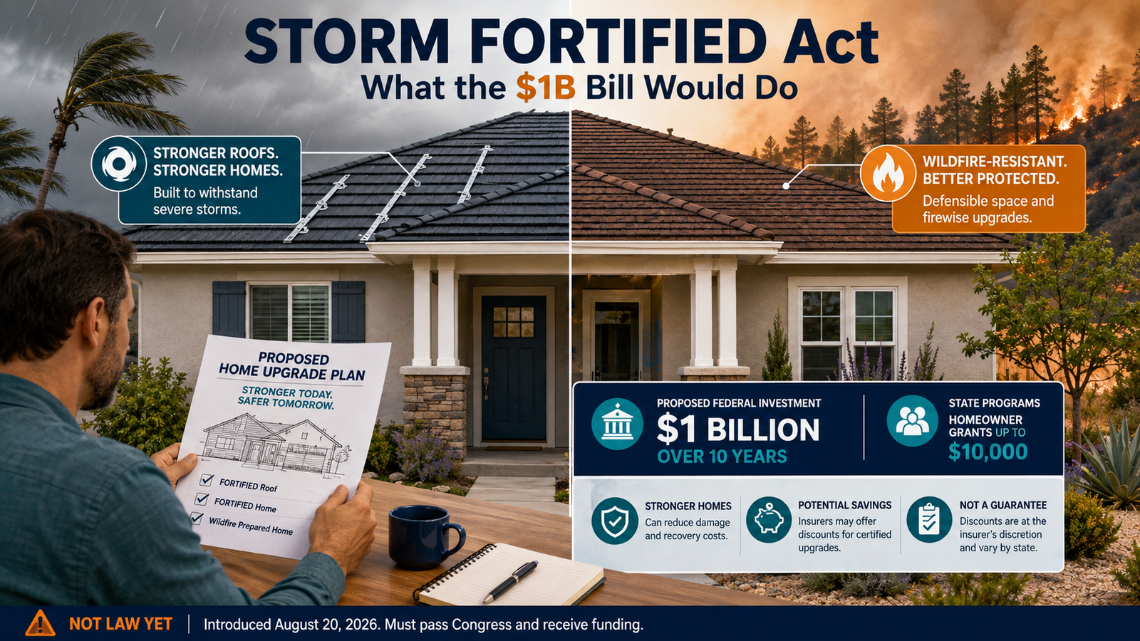 Homeowner reviewing a proposed home-hardening program beside a fortified roof and wildfire-resistant house