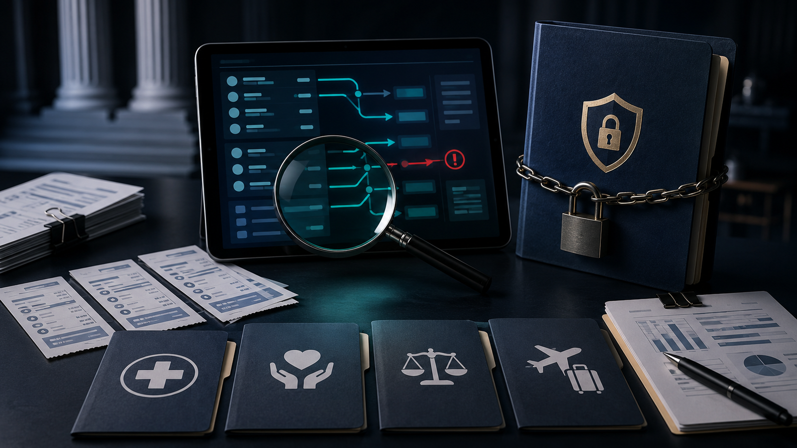 Surro Connections indictment illustrated by an escrow ledger, locked client-funds account and surrogacy expense records.