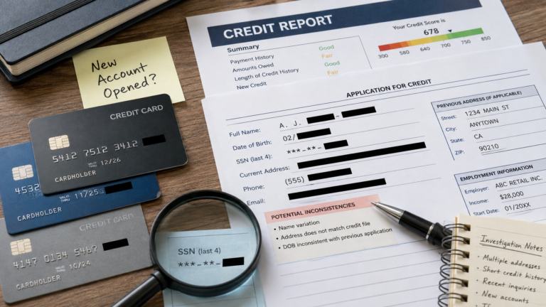 Credit cards, masked personal data and credit report illustrating synthetic identity fraud