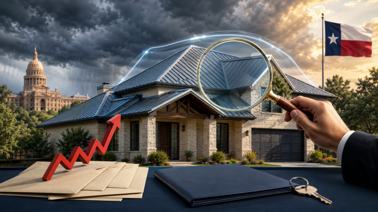 Texas homeowners insurance premiums illustrated with renewal papers and a reinforced roof.
