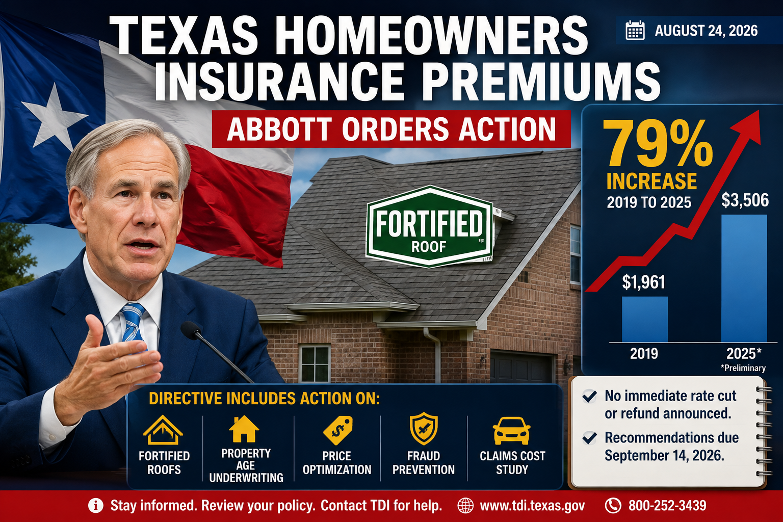 Texas homeowners insurance premiums illustrated with renewal papers and a reinforced roof.