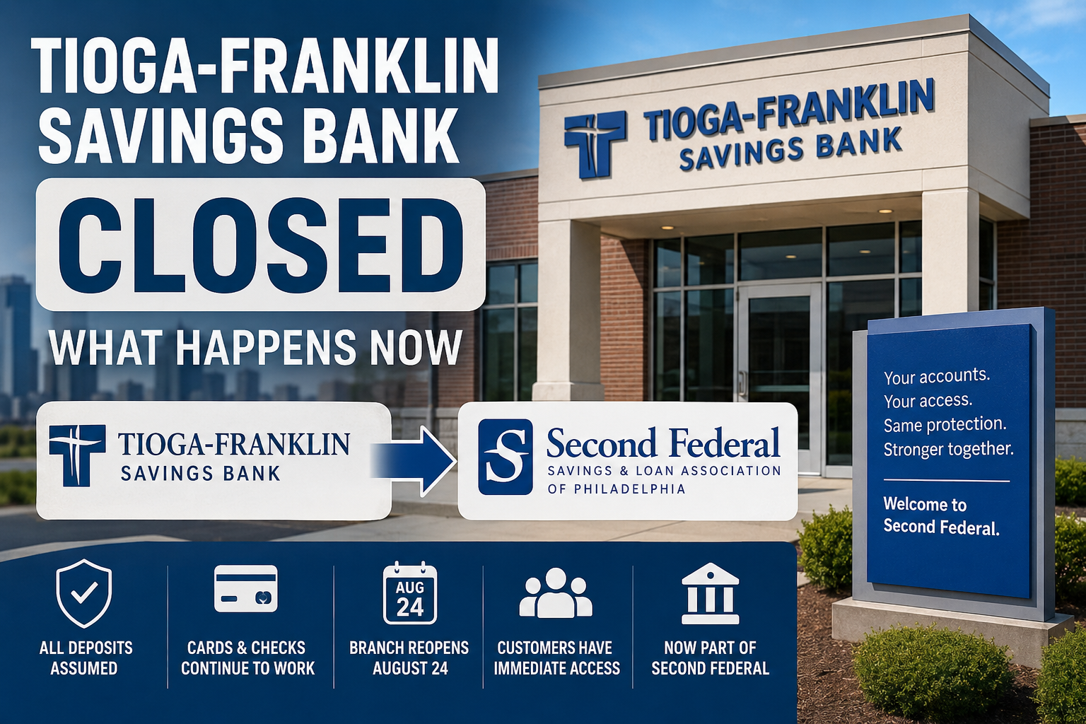 Text: Editorial illustration of Tioga-Franklin Savings Bank transitioning to Second Federal after the Philadelphia bank closure