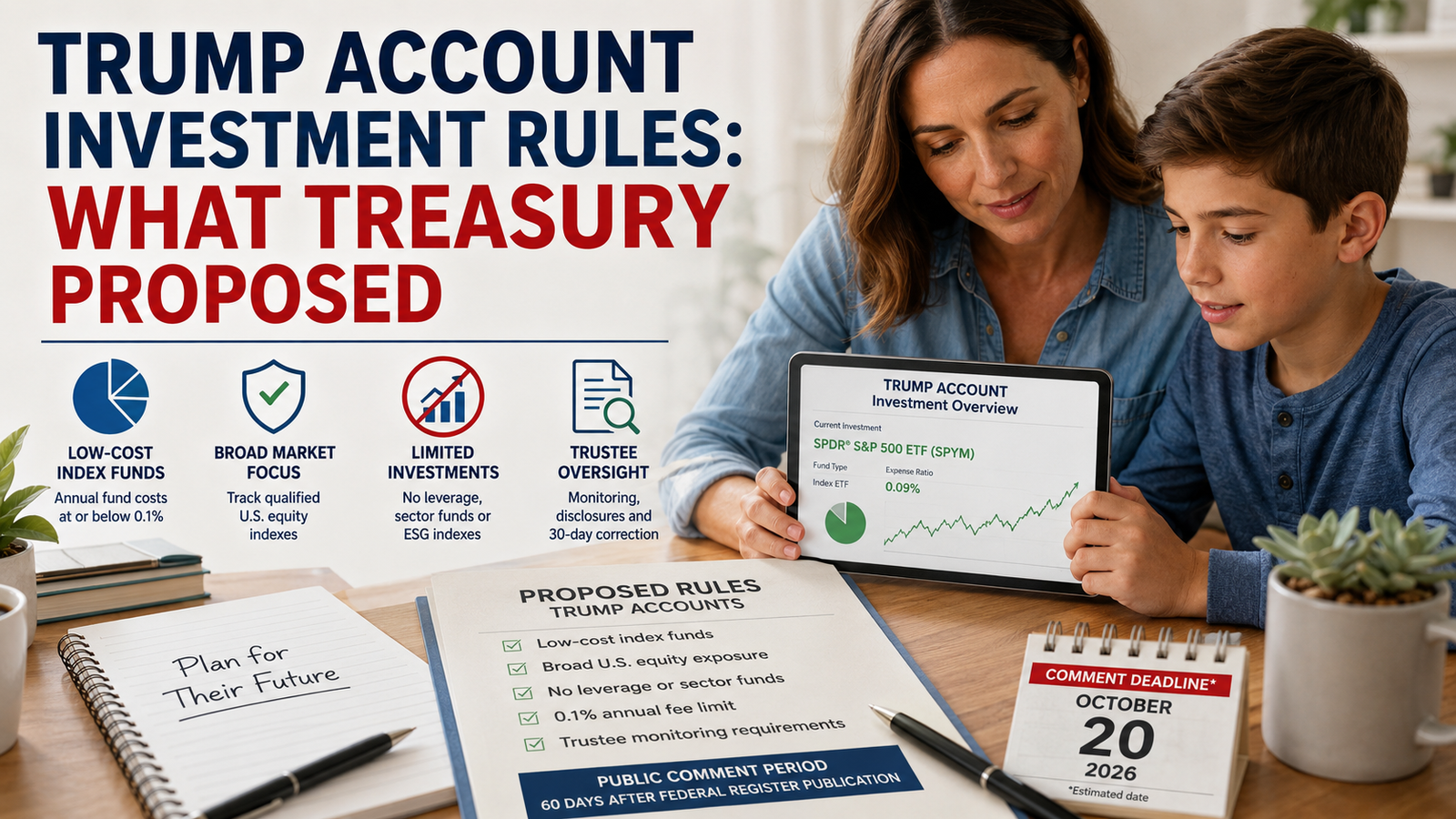 Parent reviewing a child investment account with low-cost broad-market fund options