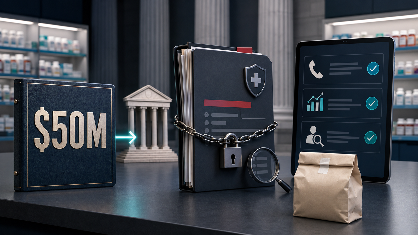 Pharmacy compliance records and controlled-substance monitoring illustrating the $50 million Walmart federal settlement.