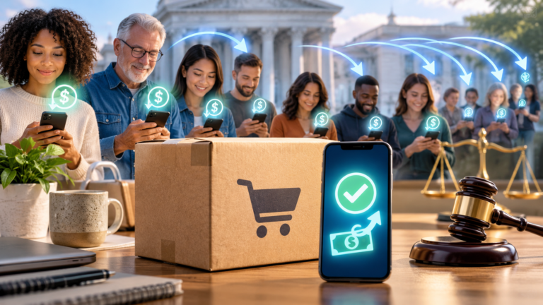 Amazon Prime membership records beside a smartphone and payment envelope illustrating the revised refund process.