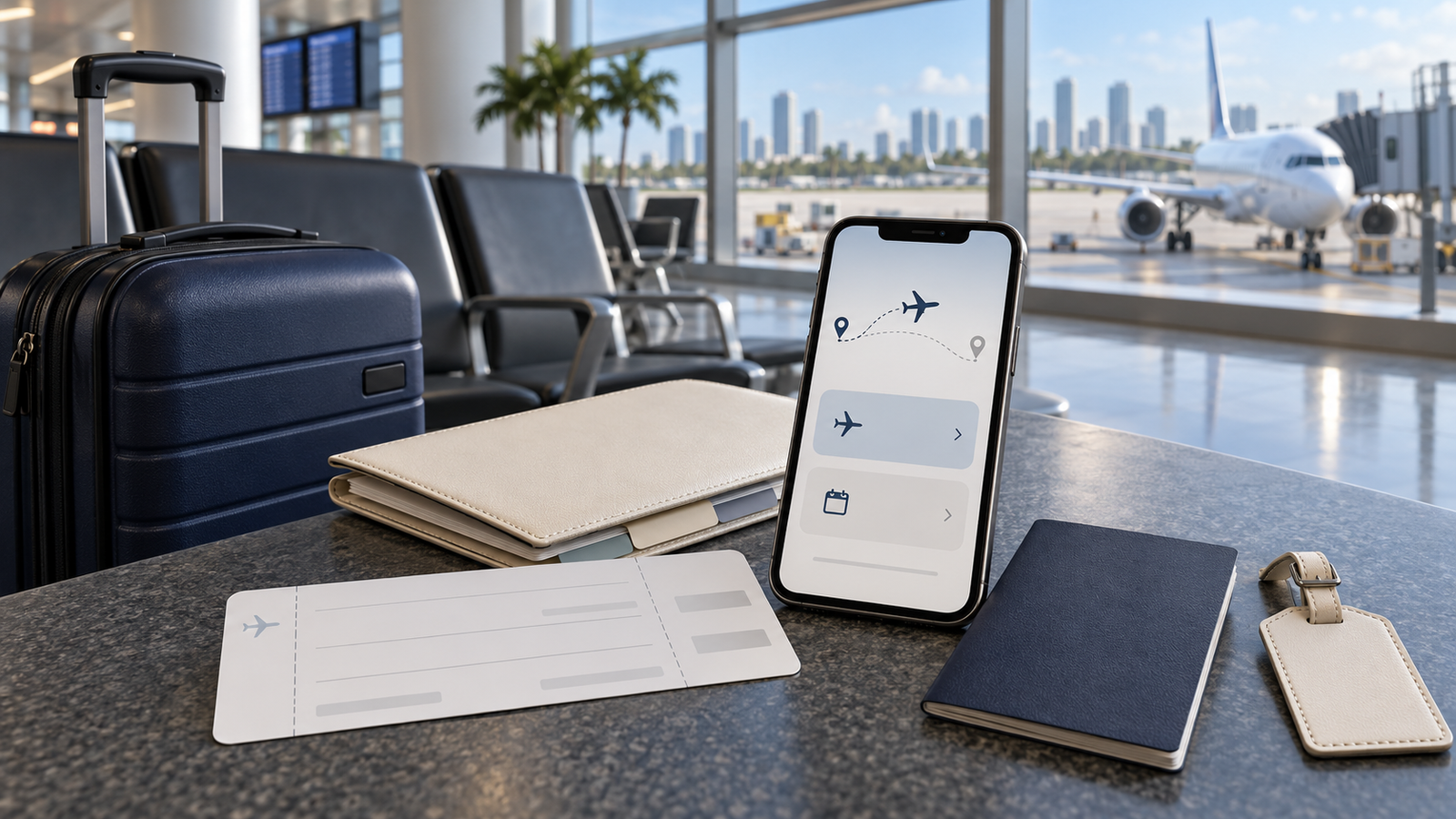 Carry-on bag, unbranded boarding pass and phone in an airport waiting area.