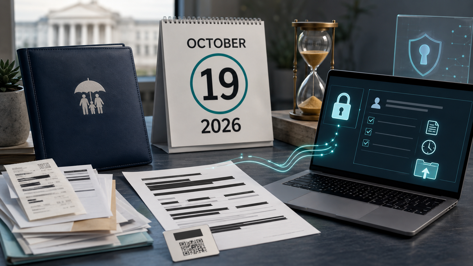 Redacted notice, life-insurance folder and October 19 calendar for the American Income Life data breach settlement.