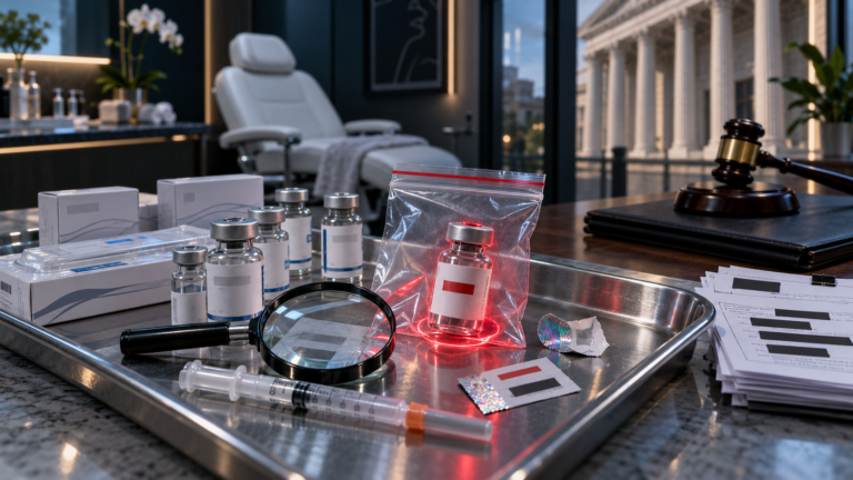 Cosmetic injection records and unbranded treatment vials beside a med spa payment receipt