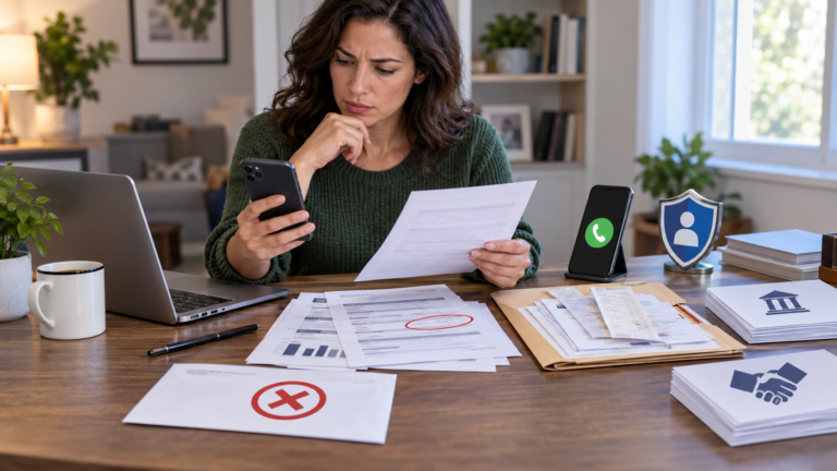 Organized financial records, magnifying glass and pen beside a closed laptop