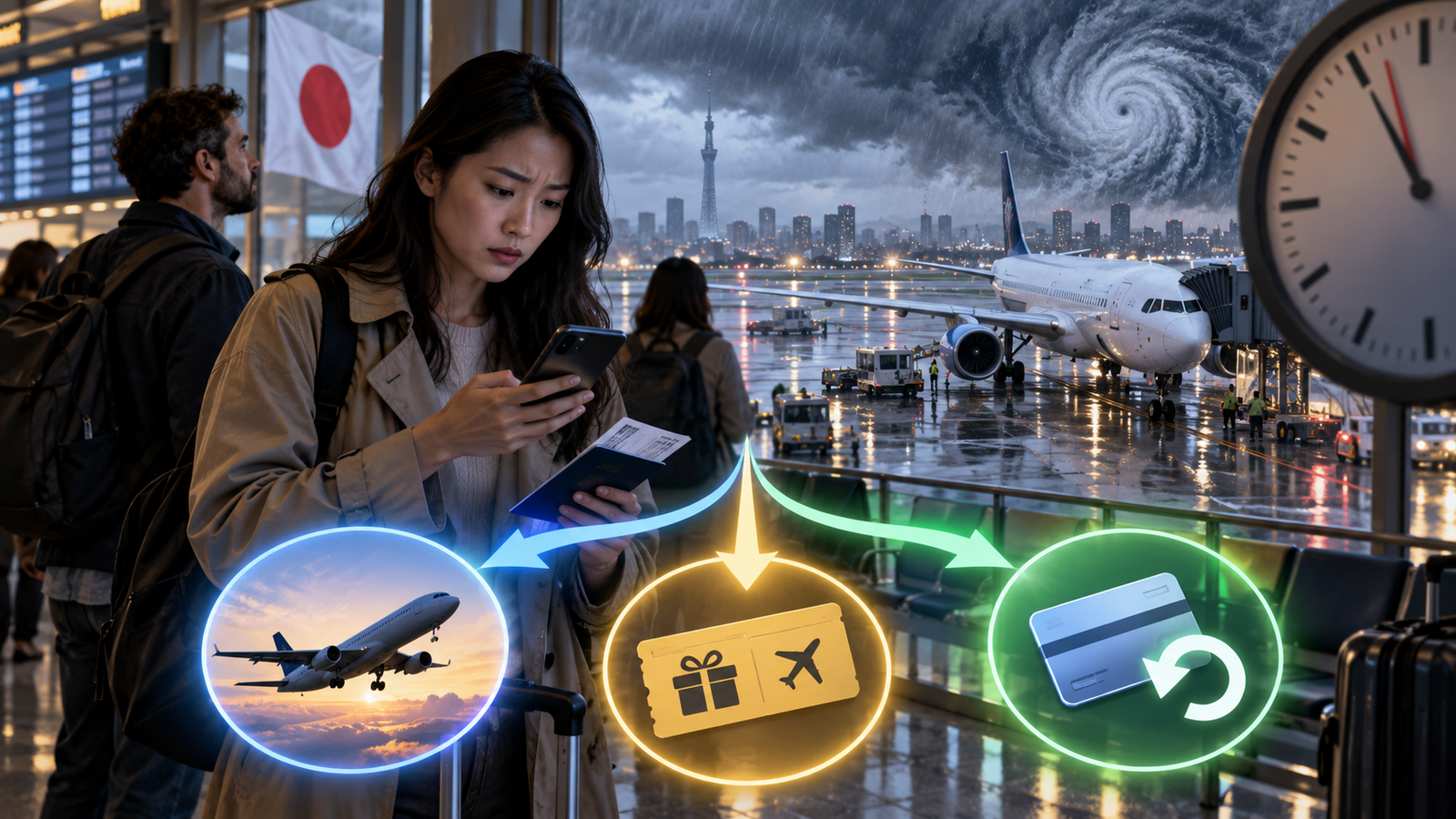 Smartphone, travel documents and a carry-on bag beside an airport seat.