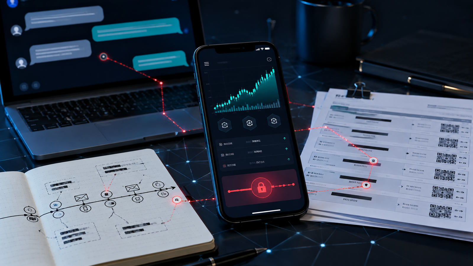 Smartphone with a fake crypto investment dashboard beside wallet and transaction records