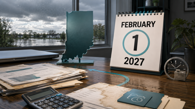 Storm-damaged tax records beside an Indiana map and February 1, 2027 calendar