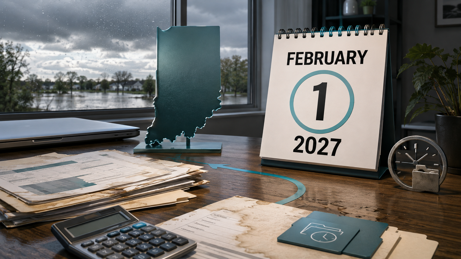 Storm-damaged tax records beside an Indiana map and February 1, 2027 calendar