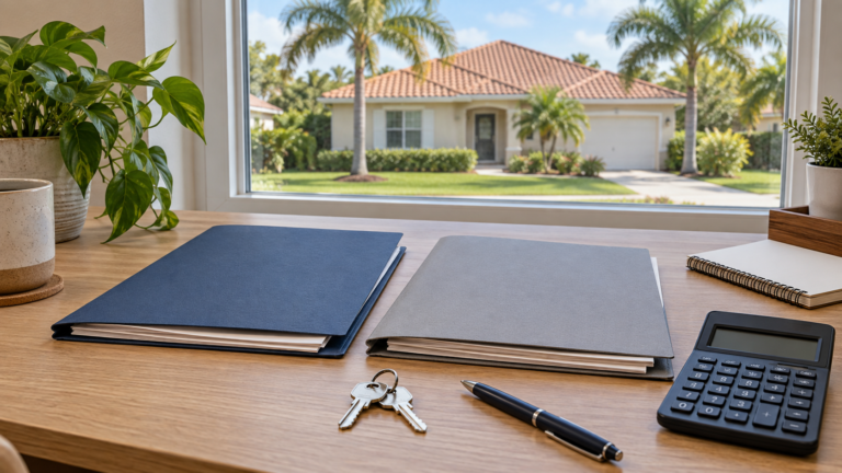 Calculator, house key and two insurance folders arranged on a household desk.