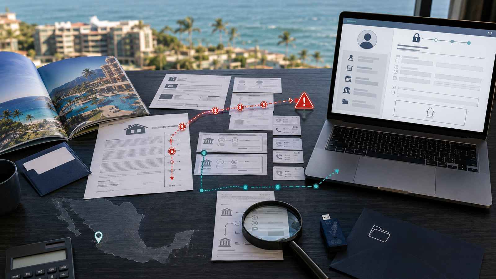 Mexico timeshare fraud records and bank-transfer receipts beside a laptop displaying a victim questionnaire